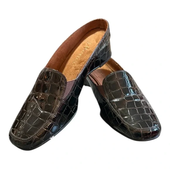 J. Renee brand mules, slip-on design, low wedge heel dark, crocodile-embossed - Picture 1 of 9